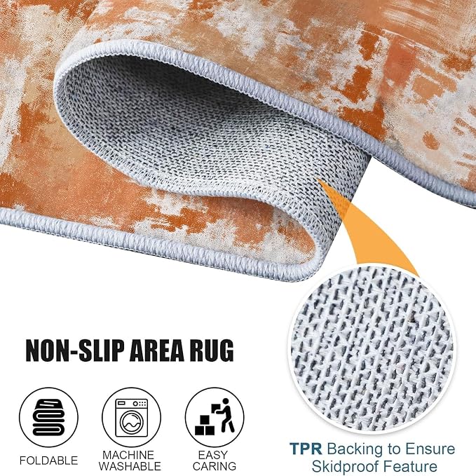 3x4 Washable Area Rug, Orange Color Retro Distressed Textured Design Non Slip Non-Shedding Rug Easy Care for Living Room Bedroom Kitchen Office Carpet