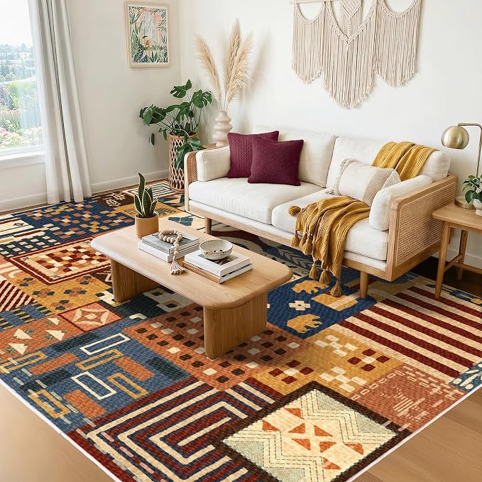 9x12 Southwestern Patchwork Large Area Rug, Geometric Tribal Colorful Rugs for Living Room, Non-Slip Stain Resistant Washable Indoor Carpet for Bedroom, Entryway, Dining Room, Home Office Decor