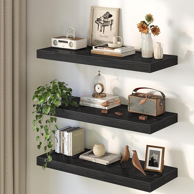 Fun Memories 12 Inch Deep Black Floating Shelf, 24 x 12 Rustic Wood Wall Shelf for Books, 2" Thick Deep Floating Shelf for Storage & Display in Kitchen, Living Room, Bedroom, 2 Packs