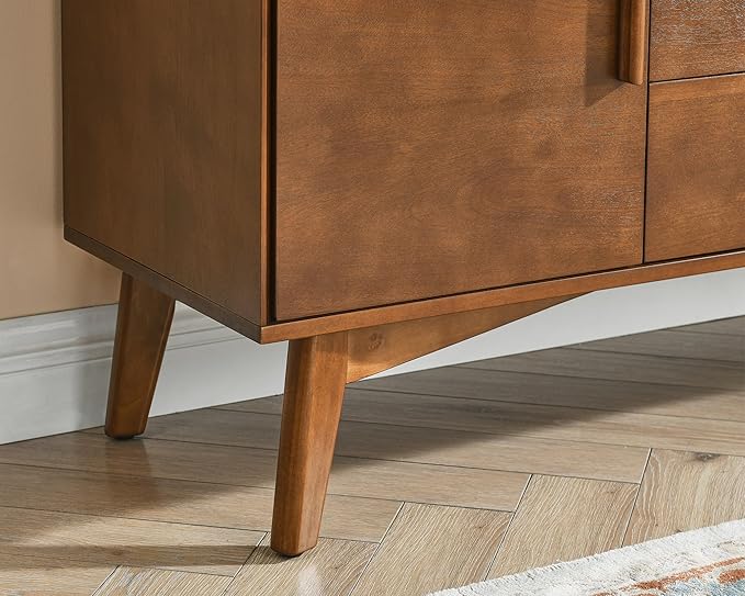 LKTART 47.3" Mid Century Modern Sideboard Buffet Cabinet with Solid Wood Frame&Legs,Accent Storage Cabinet with 2 Doors and 3 Drawers for Kitchen,Entryway,Walnut