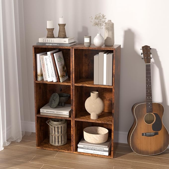 Wooden 3 Cube Storage Organizer, 3 Tier Storage Cubes Storage Display Cubby, Freestanding DIY Closet Shelving Unit for Living Room Bedroom Office (Retro Brown, 3 Cube-W(11.8inch)