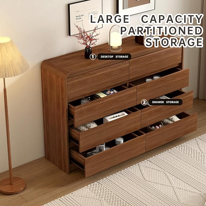 Modern 8-Drawer Dresser 55-Inch Wide, Curved Anti-Collision Design, Mid-Century Storage Cabinet with Pre-Embedded Slots, Sturdy Reusable, Ideal for Bedroom/Living Room/TV (Brown, 8-55.1)