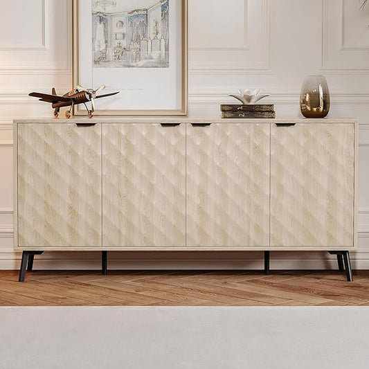 62'' Diamond Flute Sideboard Buffet Cabinet, Diamond Shaped Relief Storage Cabinet with Adjustable Shelves, Accent for Living Room, Entryway,Hallway (Cream Yellow Wood Grain)