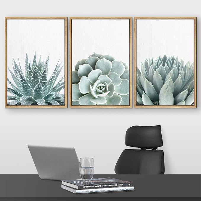 wall26 Framed Wall Art Print Set Green Succulent and Cactus Variety Wilderness Nature Illustrations Modern Art Rustic Closeup Colorful for Living Room, Bedroom, Office - 16"x24"x3 Natural