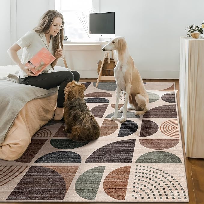 MUJOO Washable Rug 8x10,Large Area Rugs for Living Room Bedroom Dining Room,Boho Throw Floor Carpet Non Slip Soft Modern Abstract Brown