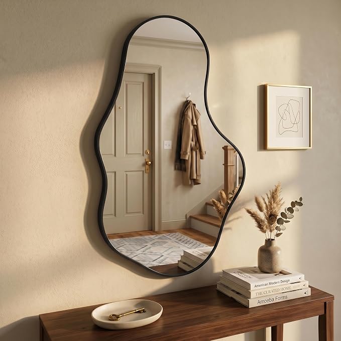 Irregular Wall Mirror, 26"x43" Black Abstract Asymmetrical Mirrors for Wall, Decorative Cloud Aesthetic Mirror for Bathroom, Bedroom, Cloakroom, Entryway, Shatter-Proof Aluminum Alloy Frame