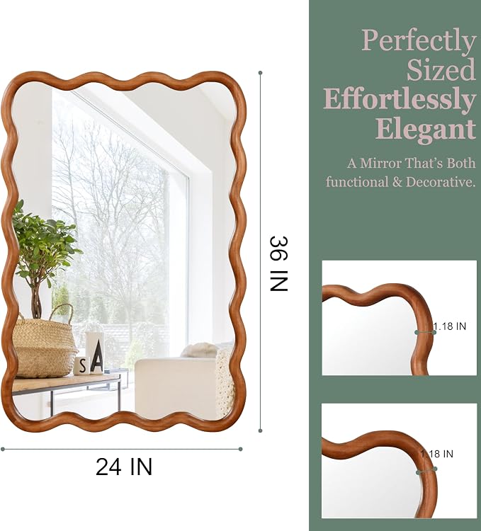 36x24 Inch Wooden Wavy Rectangle Wall Mirror, Modern Solid Wood Frame Decorative Accent Mirror for Bedroom, Bathroom, Living Room, Entryway, Yellowish Brown