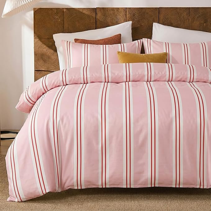 Merryword Striped Duvet Cover Set Queen Size - 100% Cotton Duvet Cover Set, Pink Ribbon Stripes Pattern Comforter Cover 3 Pieces, Soft Linen Like Bedding Set for All Seasons