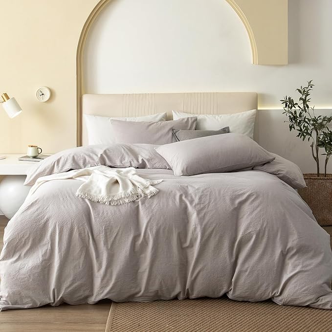 JIYUAN 100% Washed Cotton Duvet Cover Set 3 Pieces Full, 1 Duvet Cover 80x90 Inches(Comforter Not Included) and 2 Pillowcases,Linen Feel Bedding Set Comfy and Breathable, Heathered Linen