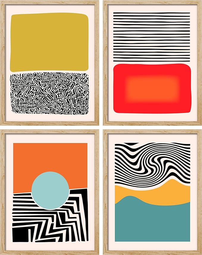 SIGNWIN Framed Mid-Century Modern 1980s Geometric Wall Art, Set of 4 Color Blocks Wall Decor Prints, Nature Wilderness Wall Décor for Living Room, Bedroom - 8"x10" Natural