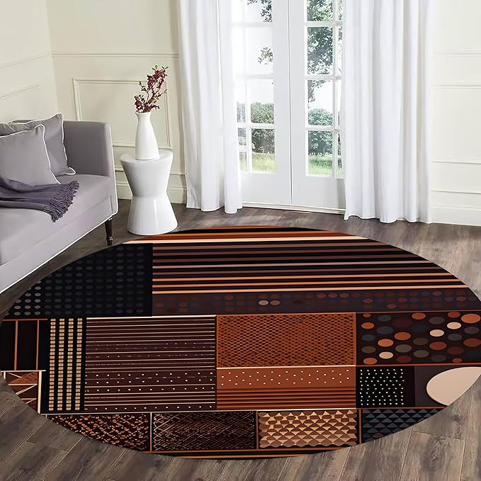 Mid-Century Modern Round Rug 6 ft - Geometric Abstract Design - Earthy Tones - Durable Non-Slip - Washable Carpet for Living Room, Bedroom，Farmhouse, Entrance