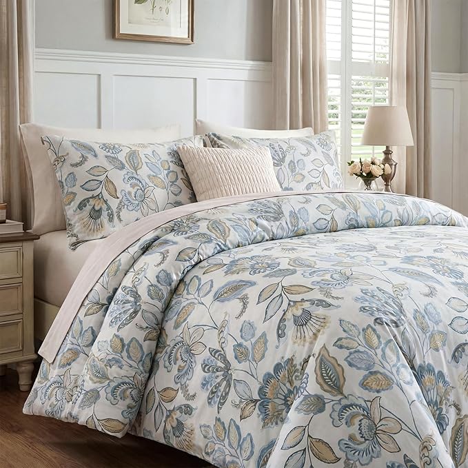 Blue Floral Duvet Cover Queen Size 100% Cotton Botanical Coquette Comforter Cover 3 Pieces Soft & Breathable French Style Duvet Cover with Zipper Closure
