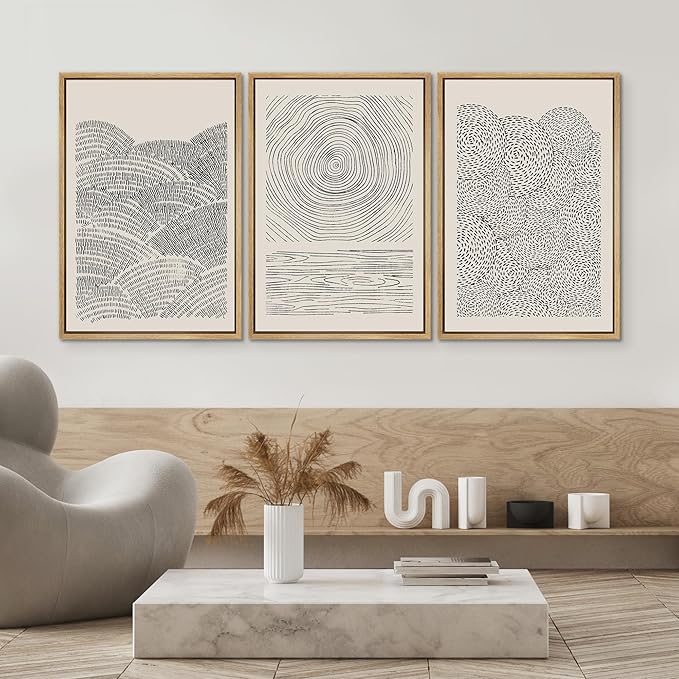 SIGNWIN Framed Canvas Print Wall Art Set Geometric Spiral Ring Wave Pattern Abstract Shapes Cozy Neutral Modern Art Decorative Contemporary Minimal for Living Room, Bedroom, Office - 16"x24"x3 Natural