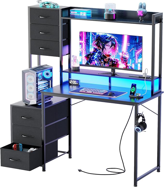 MUTUN 47 Inch Computer Gaming Desk with Hutch Power Outlet and LED Strip, Home Office Work Study Writing Desk with 6 Fabric Drawers and Storage for Bedroom, Escritorios para Computadoras, Black