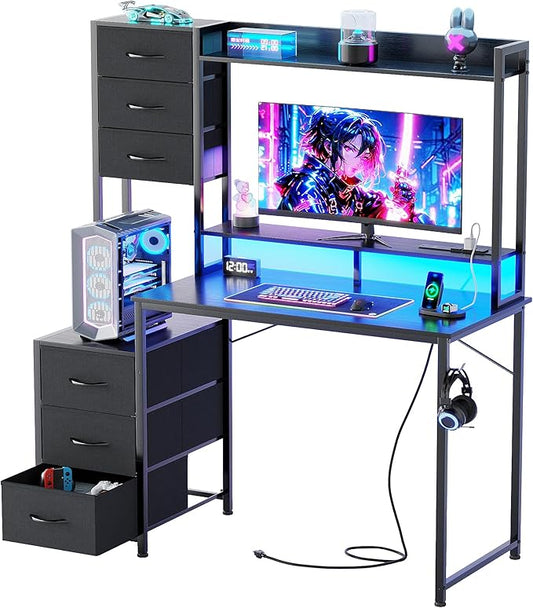 MUTUN 47 Inch Computer Gaming Desk with Hutch Power Outlet and LED Strip, Home Office Work Study Writing Desk with 6 Fabric Drawers and Storage for Bedroom, Escritorios para Computadoras, Black