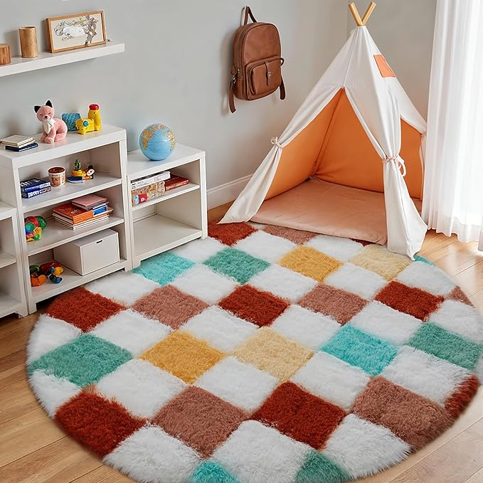 Checkered Rug 4x4 for Living Room, Colorful Modern Shag Super Soft Washable Fluffy Rugs Indoor Fuzzy Carpet for Bedroom Home Dorm Aesthetic Decor