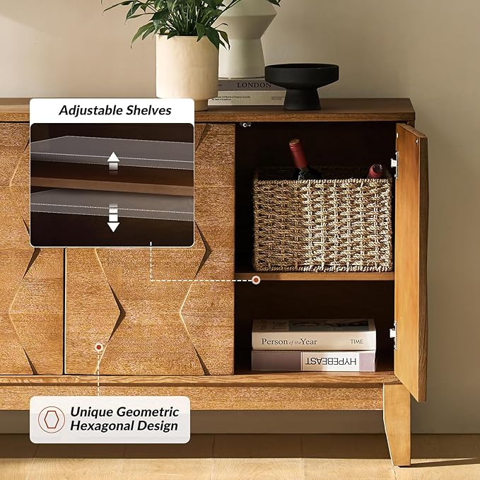 HULALA HOME Mid Century Sideboard Buffet Cabinet with Solid Wood Legs, 60" Kitchen Storage Cabinet Credenza with 4 Doors and 2 Shelves, Accent Console Table (Seadrift)