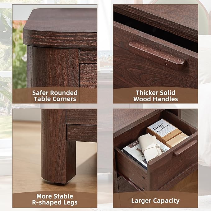 Farmhouse Nightstand Set of 2 with Charging Station, End Tables Bedroom with 2 Large Drawers & 4 Thickened Table Legs, Walnut