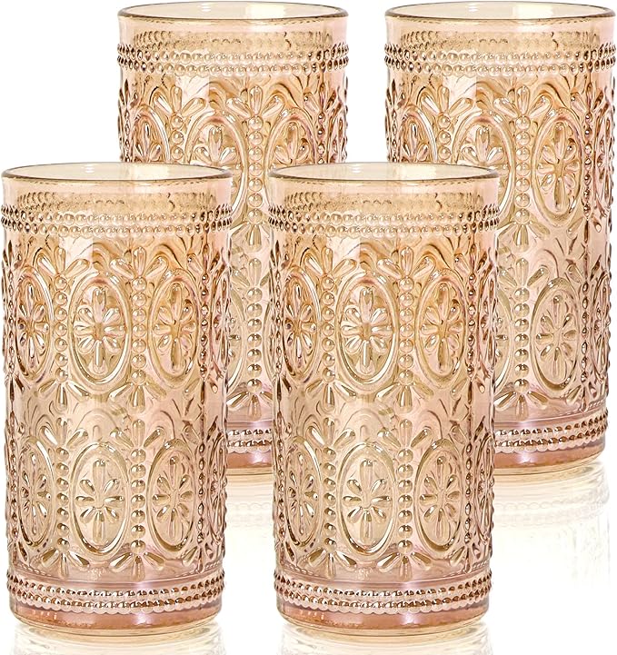 Amber Glassware set of 4 Vintage Drinking Glasses, 12oz Amber Heavy Duty Glass Cups, Old Fashioned Glass, Highball Glasses Set for Party Wedding Home Office Glassesware Gift
