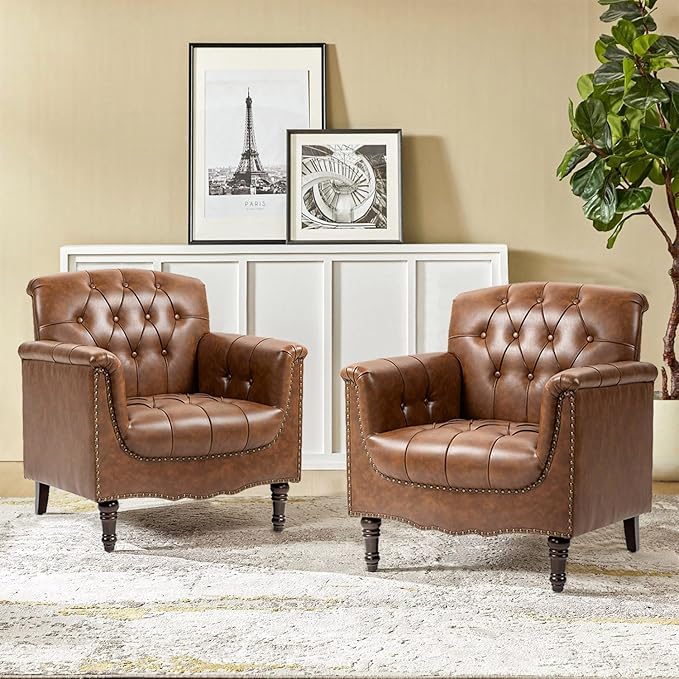 Pia Ricco Modern Tufted Accent Chair, Single Faux Leather Armchair with Nailhead Trim & Wood Legs, Comfortable Upholstered Seat for Living Room, Office - Brown