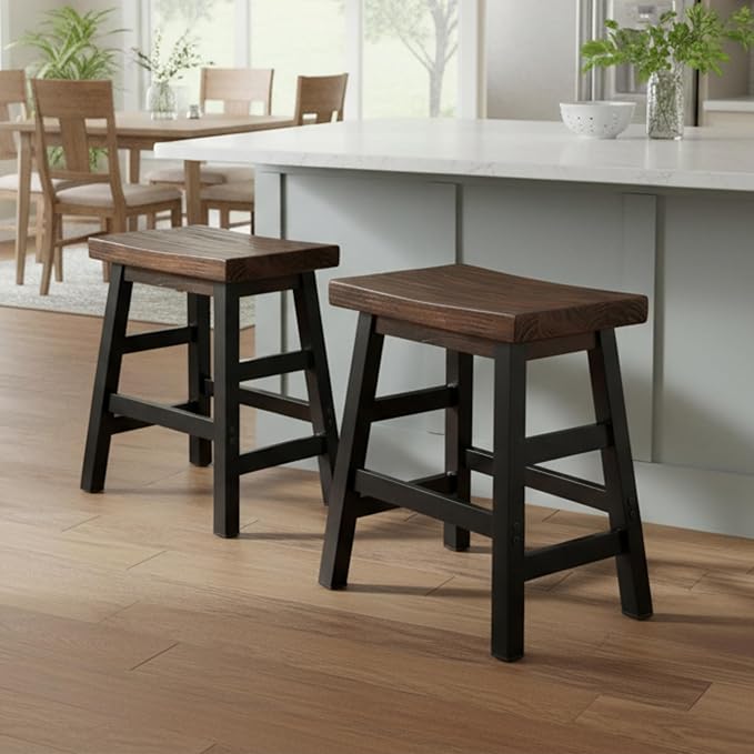 Alaterre Furniture Pomona Rustic Industrial Barstool – 20” Backless Counter Stool with Solid Pine Wood Seat and Black Metal Legs – Farmhouse Seating for Dining Room, Kitchen, or Office (Natural/Black)