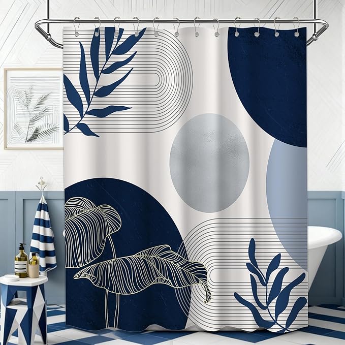 Navy Blue and White Shower Curtain Mid Century Modern Dark Blue Boho Shower Curtains for Bathroom Decor MCM Mens Cool Bath Curtain Sett, Waterproof Fabric with Hooks 70 x 96 Inch