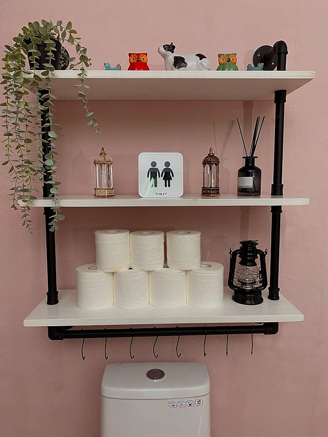 ROGMARS Industrial Pipe Shelving Floating Shelves with Towel Rack,3 Tier 30 inch Retro White Rustic Bathroom Shelves Farmhouse Pipe Wall Shelves for Kitchen Storage,Living Room