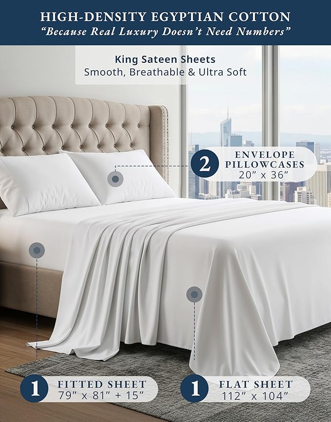 100% Egyptian Cotton Sheets King Size - Naturally Cooling & Breathable 4 Piece Silky Sateen Weave King Size Sheets Set, Ultra-Soft & Durable Hotel Luxury Sheets with 15" Snug Fit Deep Pockets - White