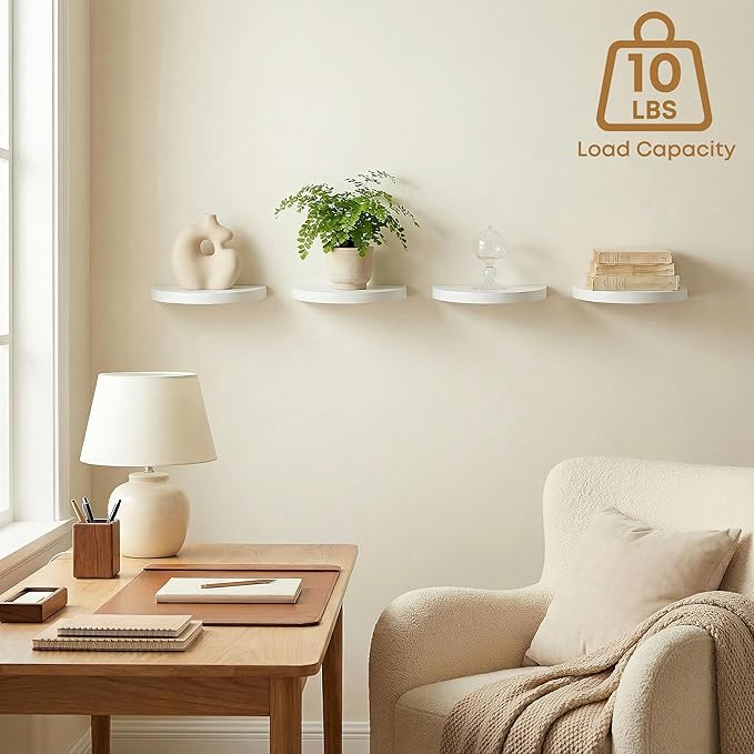 Small Wood Floating Shelves (4-Pack, 8-inch Diameter) - Round Sturdy Invisible Wall Mount Display for Small Plants,Toys,Bathroom,Living Room Storage & Modern Rustic Décor (White)