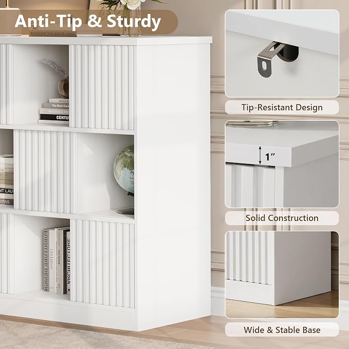 Einhomn Cube Storage Organizer with Sliding Doors, Wooden Bookshelf Storage Cabinet, 9 Cube Bookcase Organizer for Living Room Bedroom Office, White