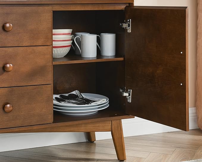 LKTART 47.3" Mid Century Modern Sideboard Buffet Cabinet with Solid Wood Frame&Legs,Accent Storage Cabinet with 2 Doors and 3 Drawers for Kitchen,Entryway,Walnut