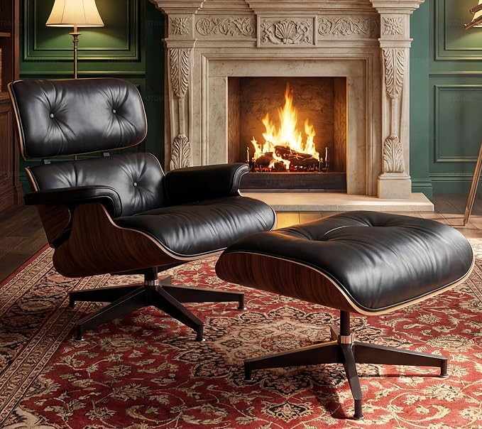 Luxury Top Black Grain Leather Mid Century Chaise Lounge Chair with Ottoman, Premium Handcrafted Rosewood, Ergonomic Modern Accent Chair for Living Room Office