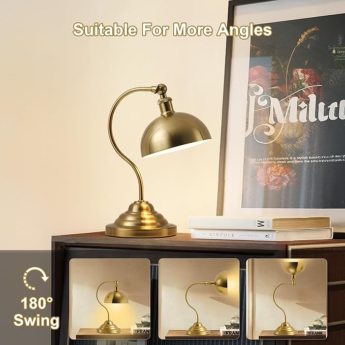Cordless LED Table Lamp, 180° Swing Arm Desk Lamp, Rechargeable, Dimmable/3 Color/Memory Function, Vintage Rechargeable Table Light for Living Room,Bedroom,Bedside, Brass