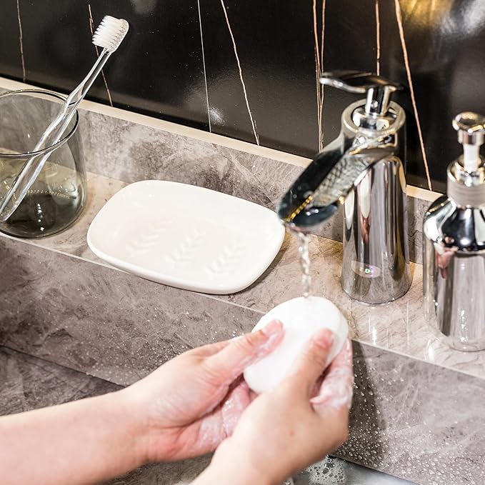Soap Dish Soap Holder Shower, Ceramic Soap Dishes for Bar Soap Sponge, Shower Soap Dish Soap Saver Tray for Bathroom Kitchen Sink, Easy to Clean, White (Pack of 2)