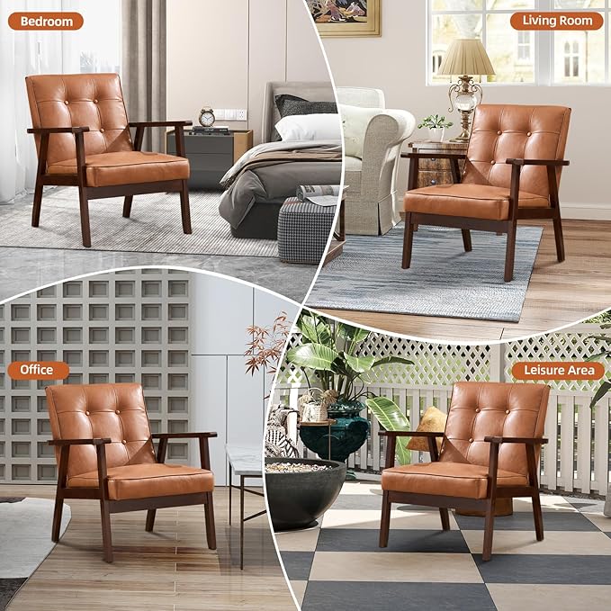 IOMOR Accent Chair Mid Century Modern Chair for Living Room, Comfy Faux Leather Armchair with Solid Wood Frame Soft Thick Padded, Side Chairs Easy Assembly Set of 2, Brown