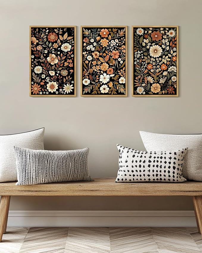 KUVIOKE Orange Vintage Flower Framed Wall Art Boho Floral Wall Decor Retro Wildflower Modern Art Prints for Living Room Bedroom 16x24in (Natural Framed)