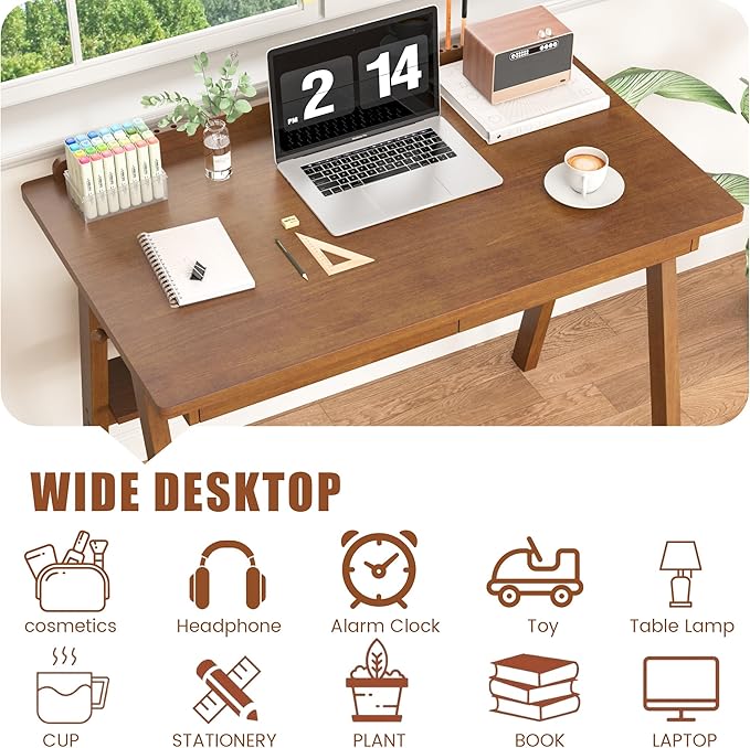 Solid Wooden Desk with Drawers & Shelf - 40 x 24 Inch Mid Century Modern Desks, Writing Desk with Drawers & Hooks, Vintage Work Study Table, Home Office Computer Desks for Any Spaces