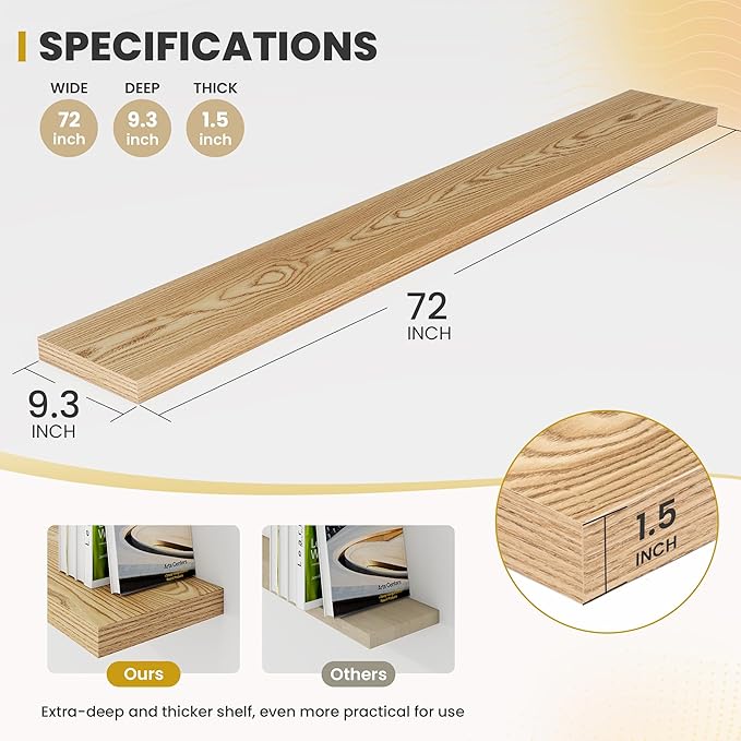 72 Inch Floating Shelves, 9.3" Deep Floating Shelf Wall Mounted, 72" Wall Shelves, Rustic Deep Bookshelf, Large Display Shelves & Storage Shelves for Bedroom, Living Room, Light Brown, Set of 2