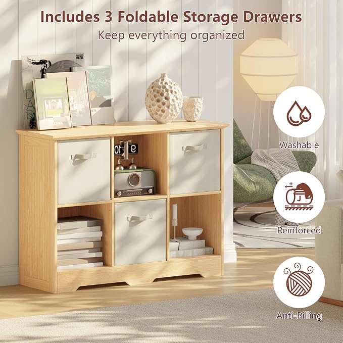 VORONOI 6 Cube Storage Organizer with 3 Fabric Drawers and Removable Shelves — Modular Cube Bookshelf for Bedroom, Living Room, or Home Office, Short Cube Bookcase for Toys, Decor,Natural Wood