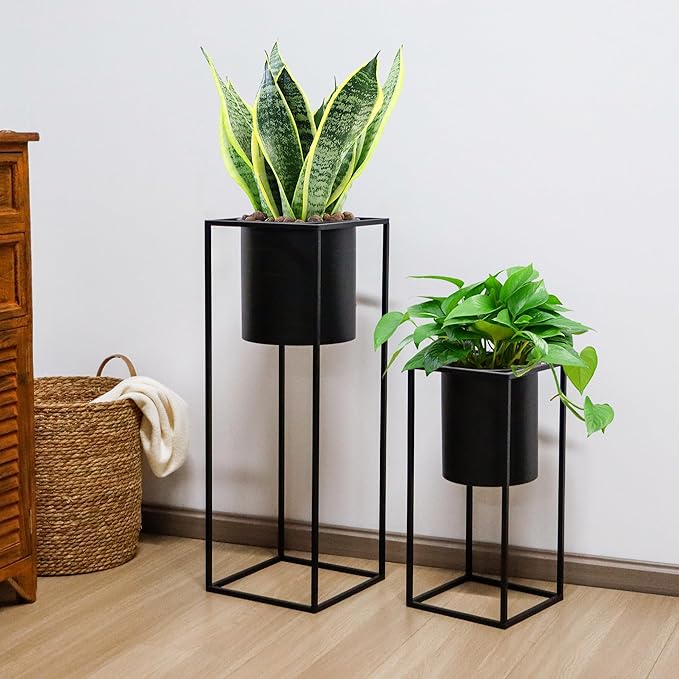 TRIROCKS Set of 2 Planters with Stand Large Metal Planter for Indoor Plants 28 &18" H Plant Pots for Living Room Corner Kitchen Office Garden Balcony Patio Decor(Black)