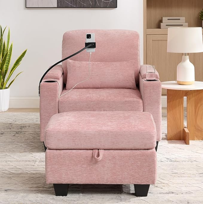 Oversized Chaise Lounge Chair Indoor, Single Convertible Recliner Reading Arm Sofa Chair W/Adjustable Backrest & Charging Port Couch Bed for Living Room, Home Theater & Bedroom, Pink