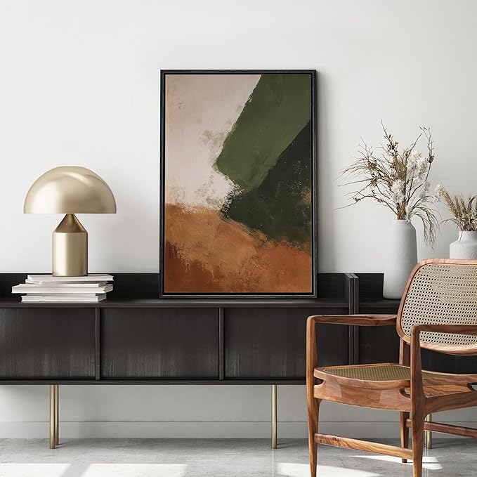 MUDECOR Framed Canvas Print Wall Art Green and Terracotta Minimalist Abstract Contemporary Illustrations Fine Art Decorative Zen Multicolor Country/Farmhouse Retro for Bedroom - 24"x36" BLACK