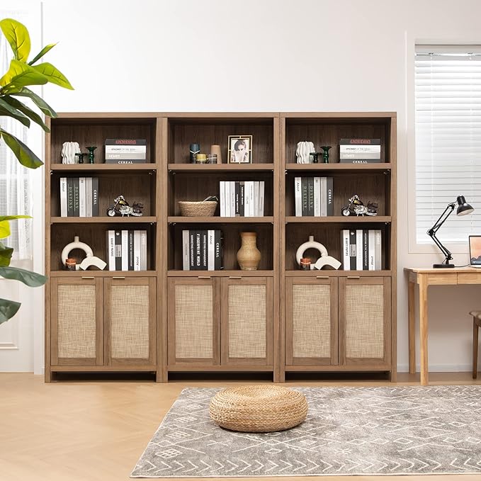 SICOTAS Bookcase 71" Tall Bookshelf 5 Tier Rattan Boho Bookcase with Doors Storage Large Book Case Shelf Farmhouse Bookshelves Library Book Shelves for Living Room Bedroom Home Office Kitchen