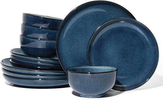 Stoneware Dinnerware Sets Service for 4, 12 pcs Reactive Glaze Plates and Bowls Sets, Handmade Ceramic Dish Set, Highly Chip and Crack Resistant Modern Plate Set, Starry Blue
