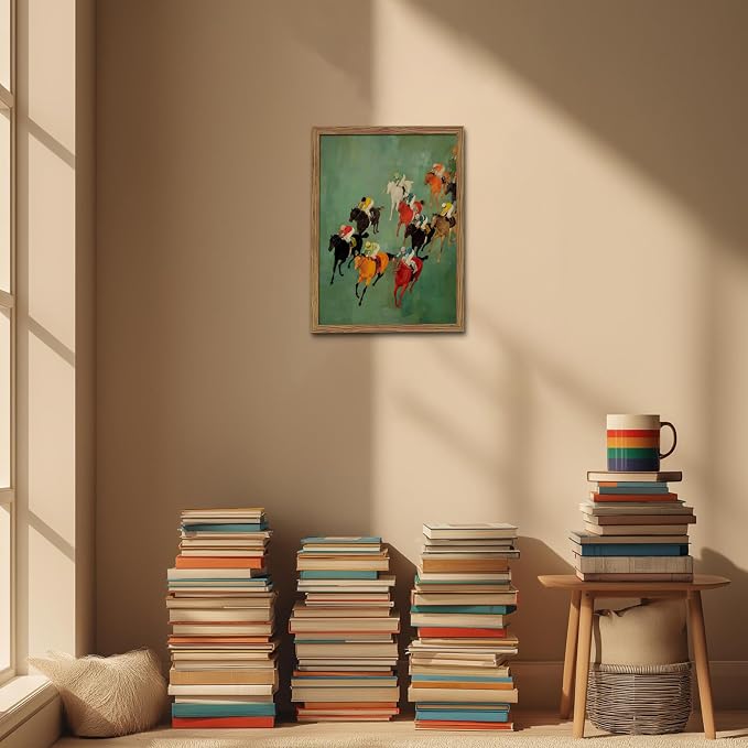 Framed Vintage Abstract Wall Art, Retro Horse Racing Scene Poster Prints, Modern Classic Equestrian Canvas Artwork, Energetic Vibrant Sports Wall Decor for Living Room Office Game Room 12x16in