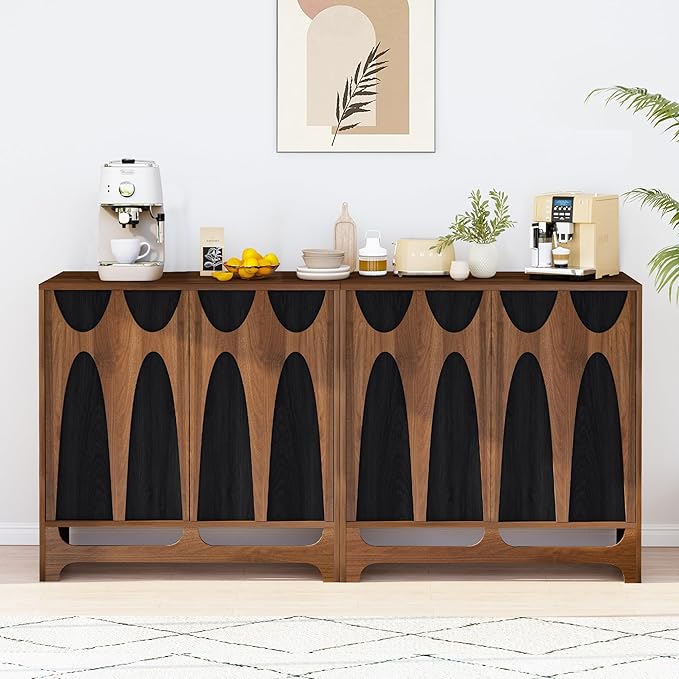 Sideboard Buffet Cabinet with Storage Set of 2, 63” Mid Century Modern Storage Cabinet with Adjustable Shelf and 4 Doors for Dining Room, Living Room,Entry