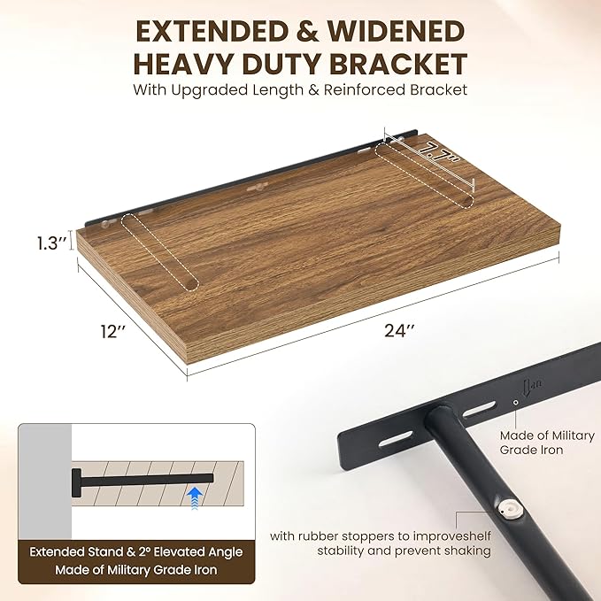 Dreamland 24" Floating Shelves for Wall, 12" Deep Slim Walnut Floating Shelves, Wall-Mounted Shelves for Bedroom, Living Room, Kitchen, Bathroom - Set of 2