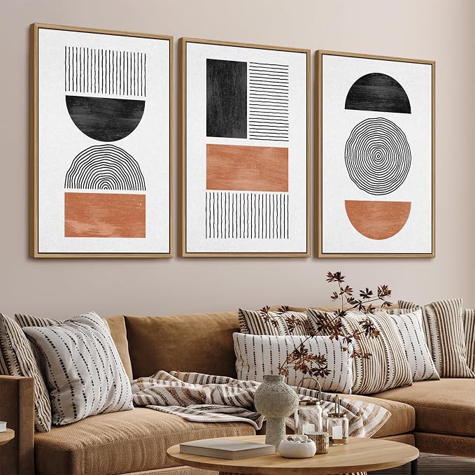 Framed Wall Art Canvas Set Mid Century Boho Pictures Modern Geometric Wall Decor Minimalist Black Brown Bohemian Abstract Painting Artwork for Living Room Bedroom Office 24"x36"x3 Natural