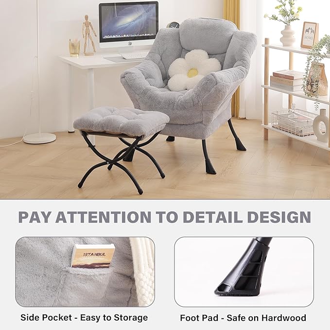 Tiita Lazy Chair with Ottoman, Light Grey Modern Large Accent Armchair, Comfy Leisure Sofa Reading Chair with Footrest for Bedroom, Living Room, Dorm Rooms, Garden, Plush Light Grey