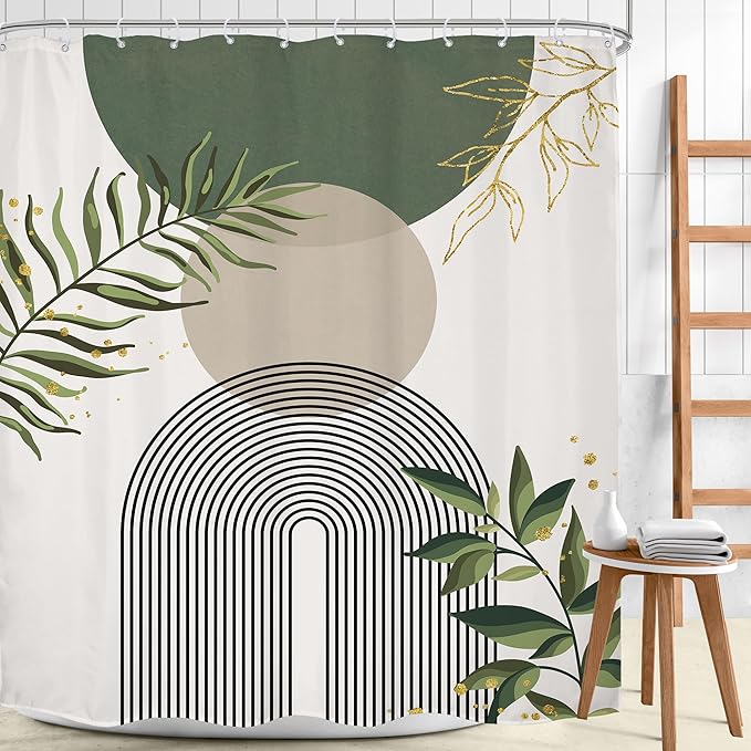 Green Boho Shower Curtain Extra Long Modern Abstract Bohemian Green Gold Minimalist Leaves Mid Century Arch Bathroom Decor Geometric Plant 72Wx84H Bath Curtain Fabric Polyester 12 Pack Hooks